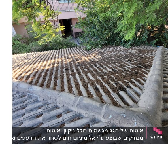 גג רעפים עם עלים יבשים בין הרעפים